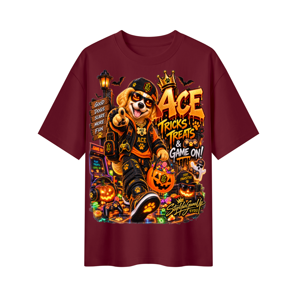 StepYahGameUp Halloween Gamer Oversized Graphic T-Shirt - Tricks, Treats & Game On! - Unisex