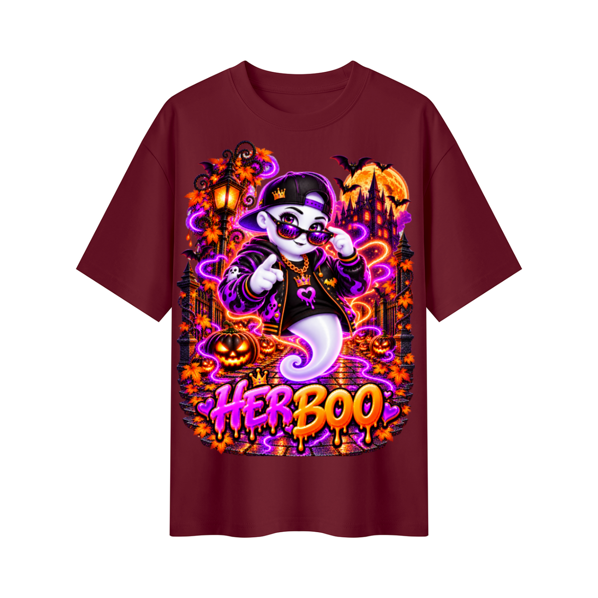 Halloween Her Boo Ghost Oversized Graphic T-Shirt - Couples Halloween Tee - Unisex