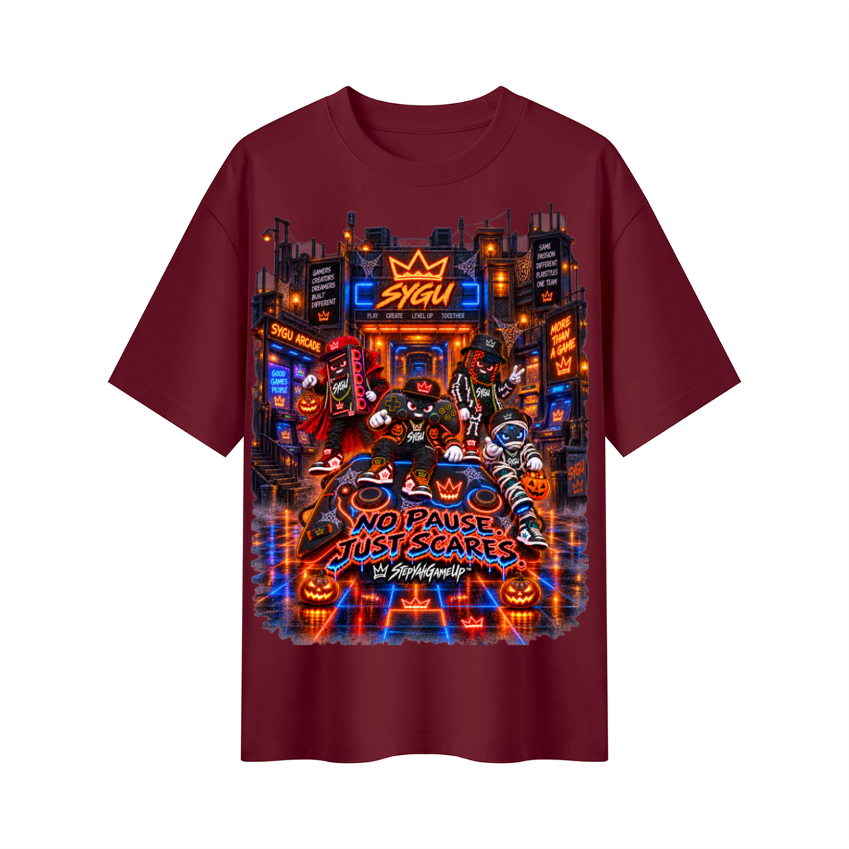 StepYahGameUp™ Halloween Gamer Oversized Graphic T-Shirt - No Pause Just Scares - Unisex