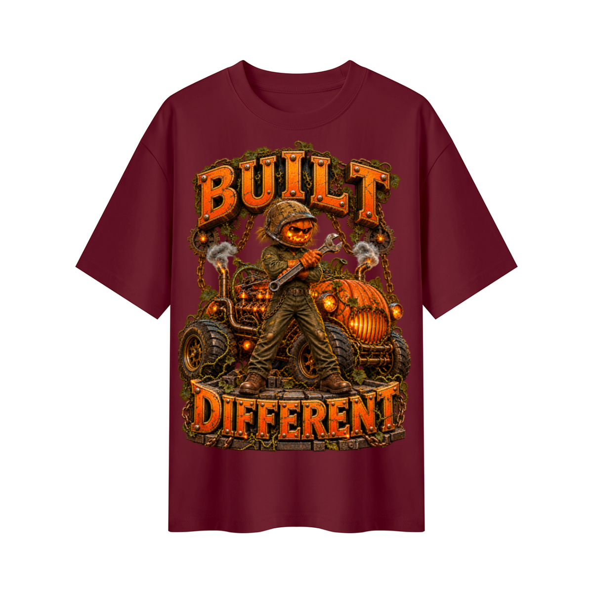 Halloween Built Different Pumpkin Mechanic Oversized Graphic T-Shirt - Unisex