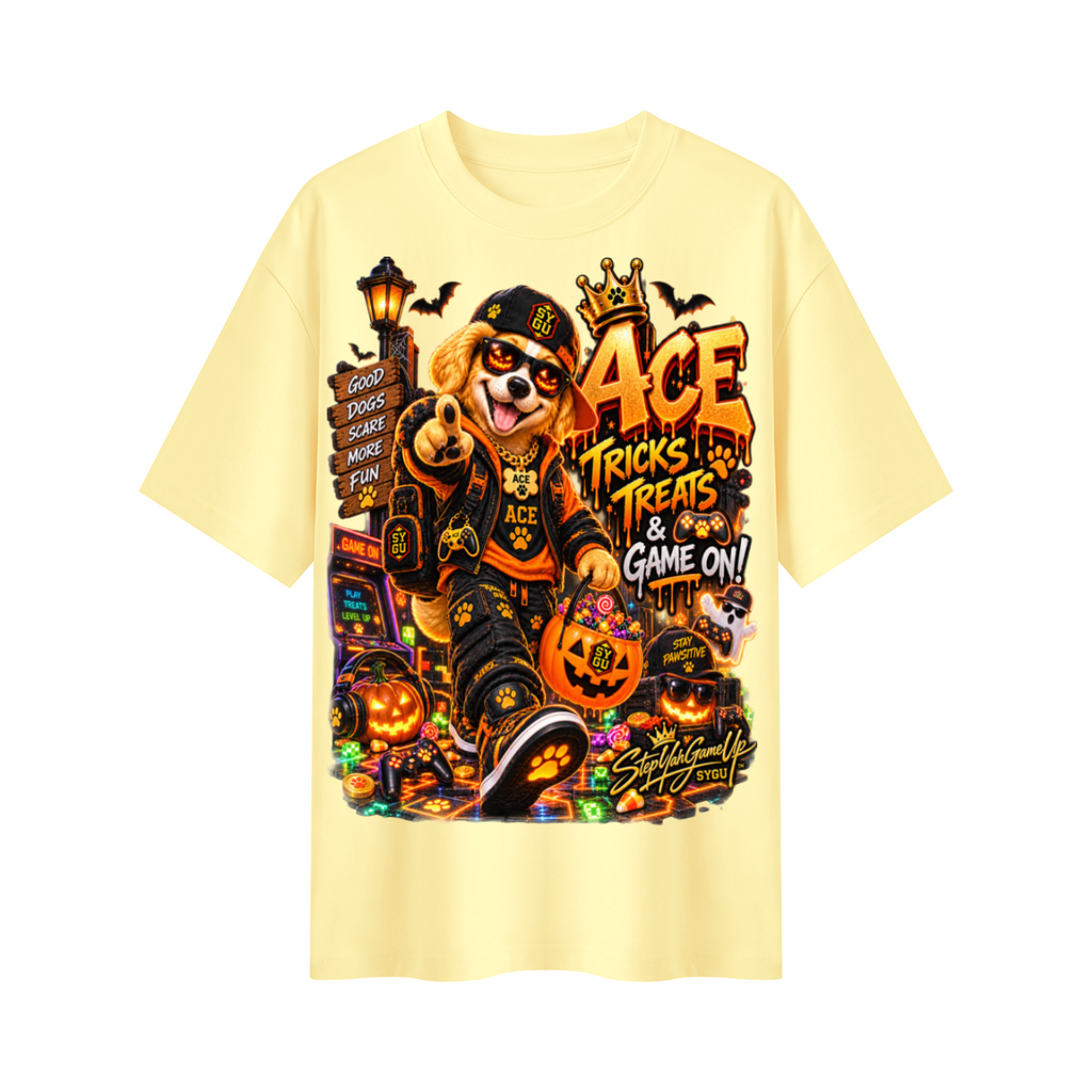 StepYahGameUp Halloween Gamer Oversized Graphic T-Shirt - Tricks, Treats & Game On! - Unisex