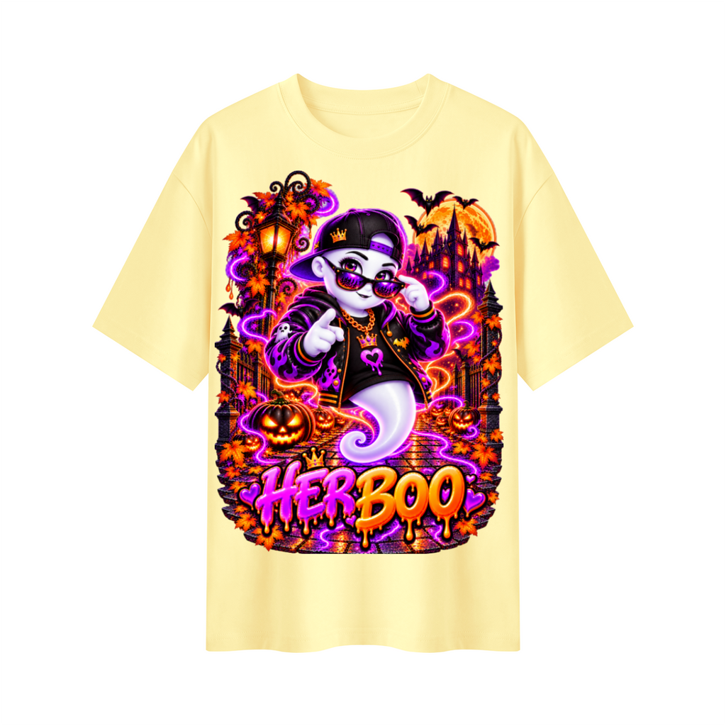 Halloween Her Boo Ghost Oversized Graphic T-Shirt - Couples Halloween Tee - Unisex
