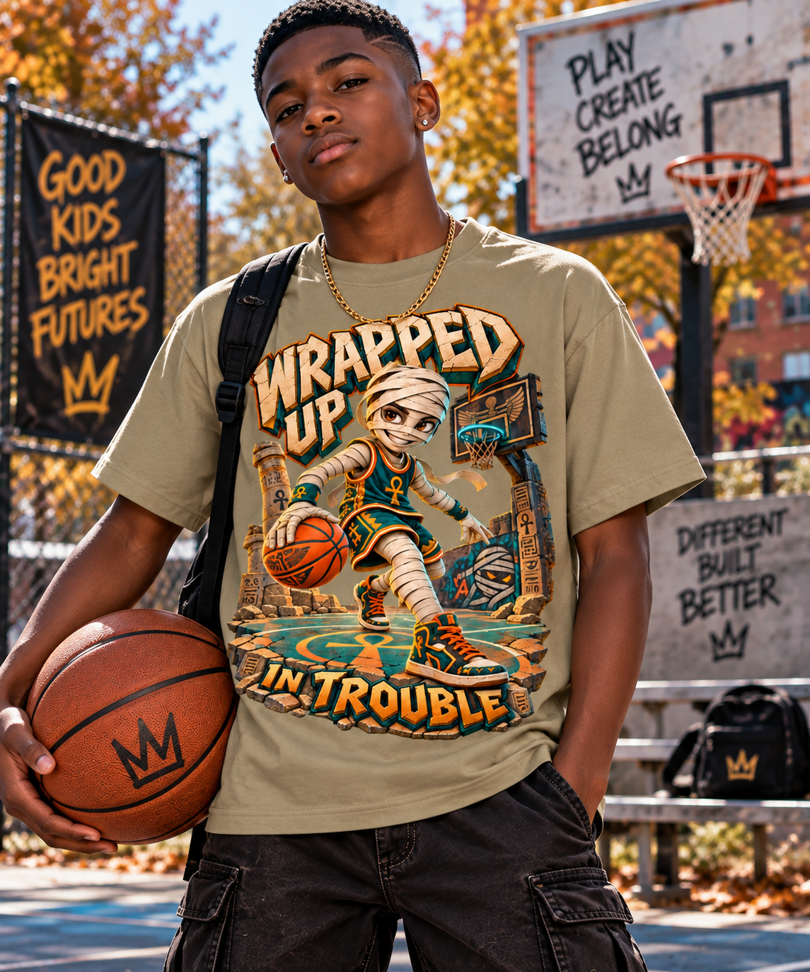 Halloween Mummy Basketball Oversized Graphic T-Shirt - Wrapped Up in Trouble - Unisex