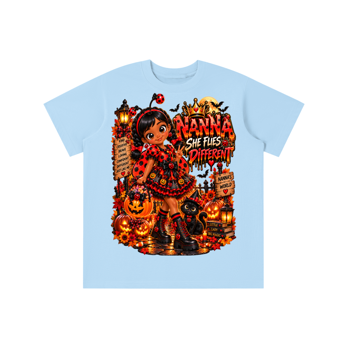 Nanna’s World™ Dream Big Halloween Ladybug Girl Graphic T-Shirt - She Flies Different - Youth Unisex Tee