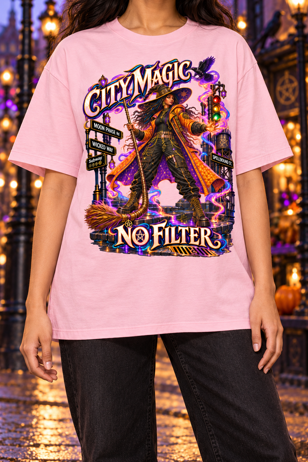 Halloween City Magic No Filter Witch Oversized Graphic T-Shirt - Unisex