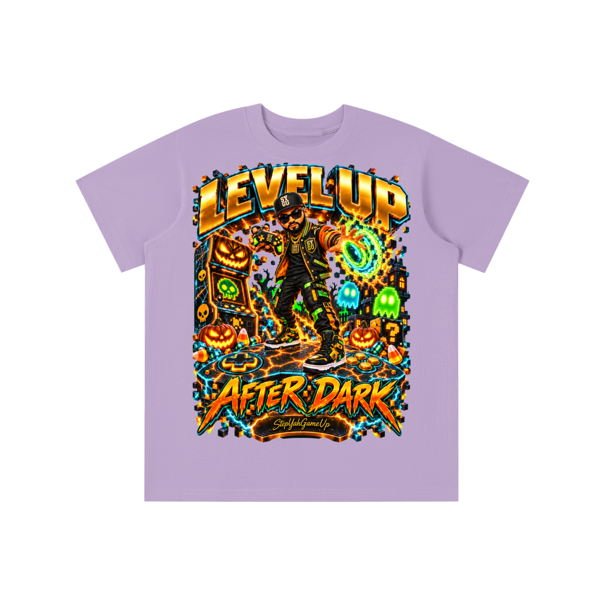 StepYahGameUp Halloween Arcade Gamer Graphic T-Shirt - Level Up After Dark - Youth Unisex Tee