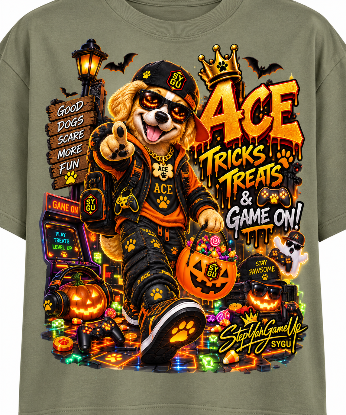 StepYahGameUp Halloween Gamer Oversized Graphic T-Shirt - Tricks, Treats & Game On! - Unisex