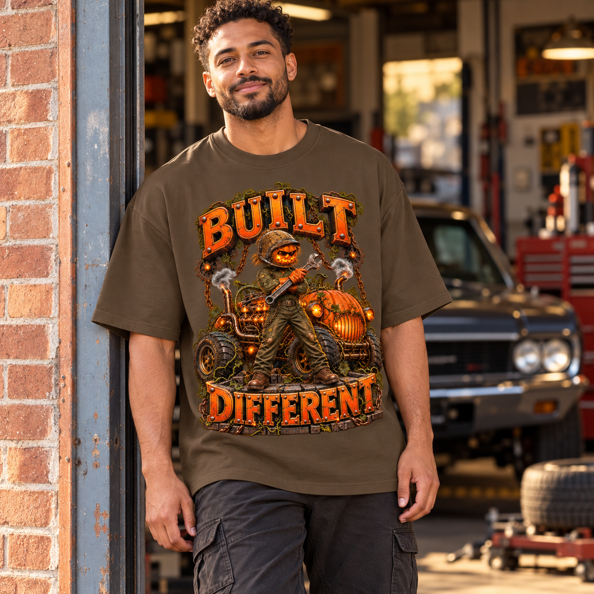 Halloween Built Different Pumpkin Mechanic Oversized Graphic T-Shirt - Unisex
