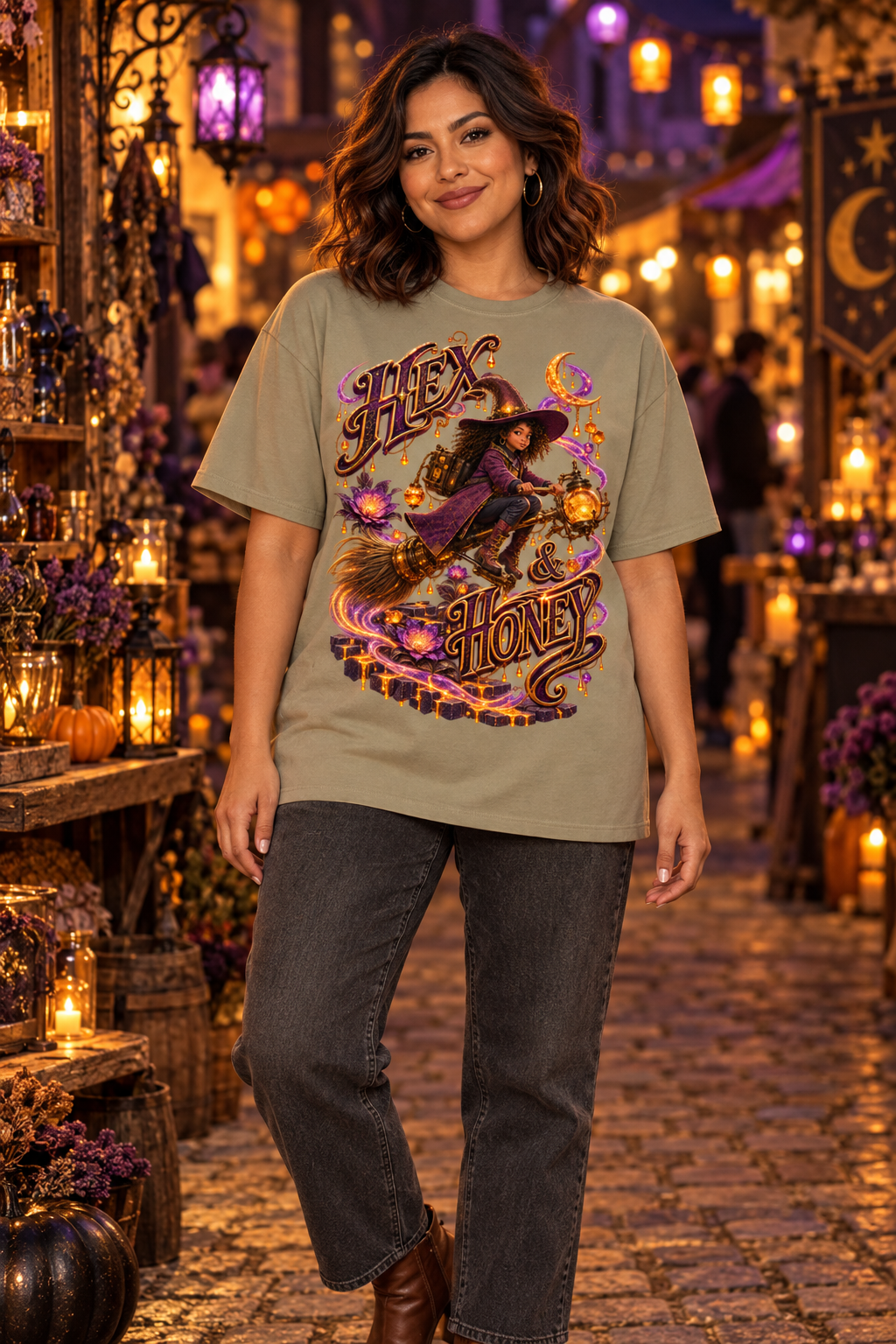 Halloween Hex & Honey Witch Oversized Graphic T-Shirt - Unisex