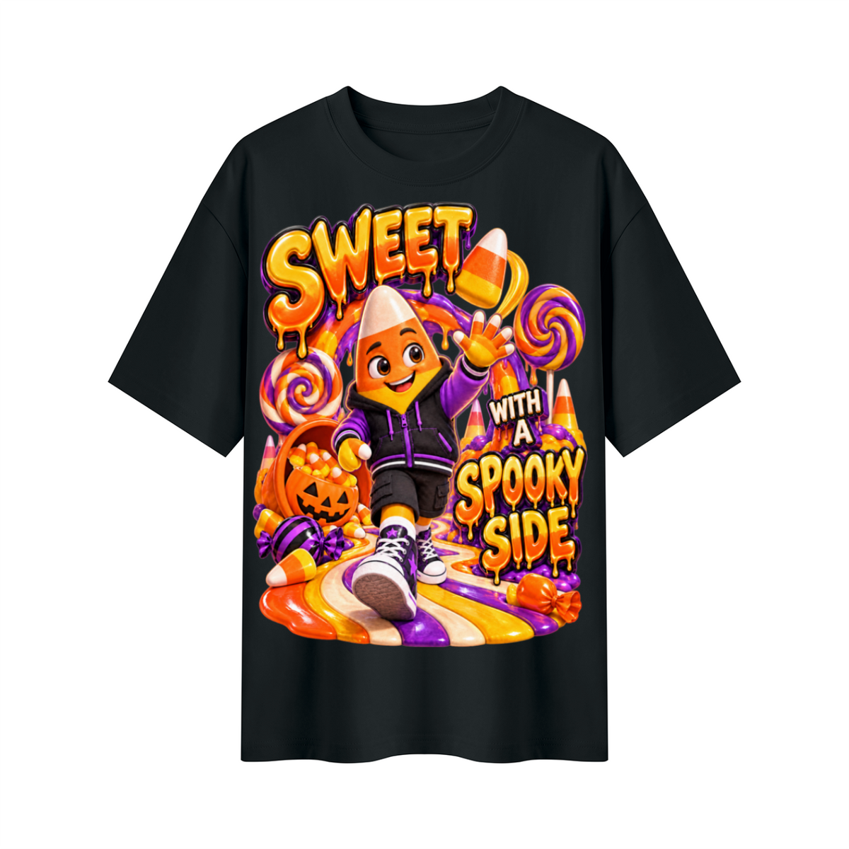 Halloween Candy Corn Oversized Graphic T-Shirt - Sweet With a Spooky Side - Unisex