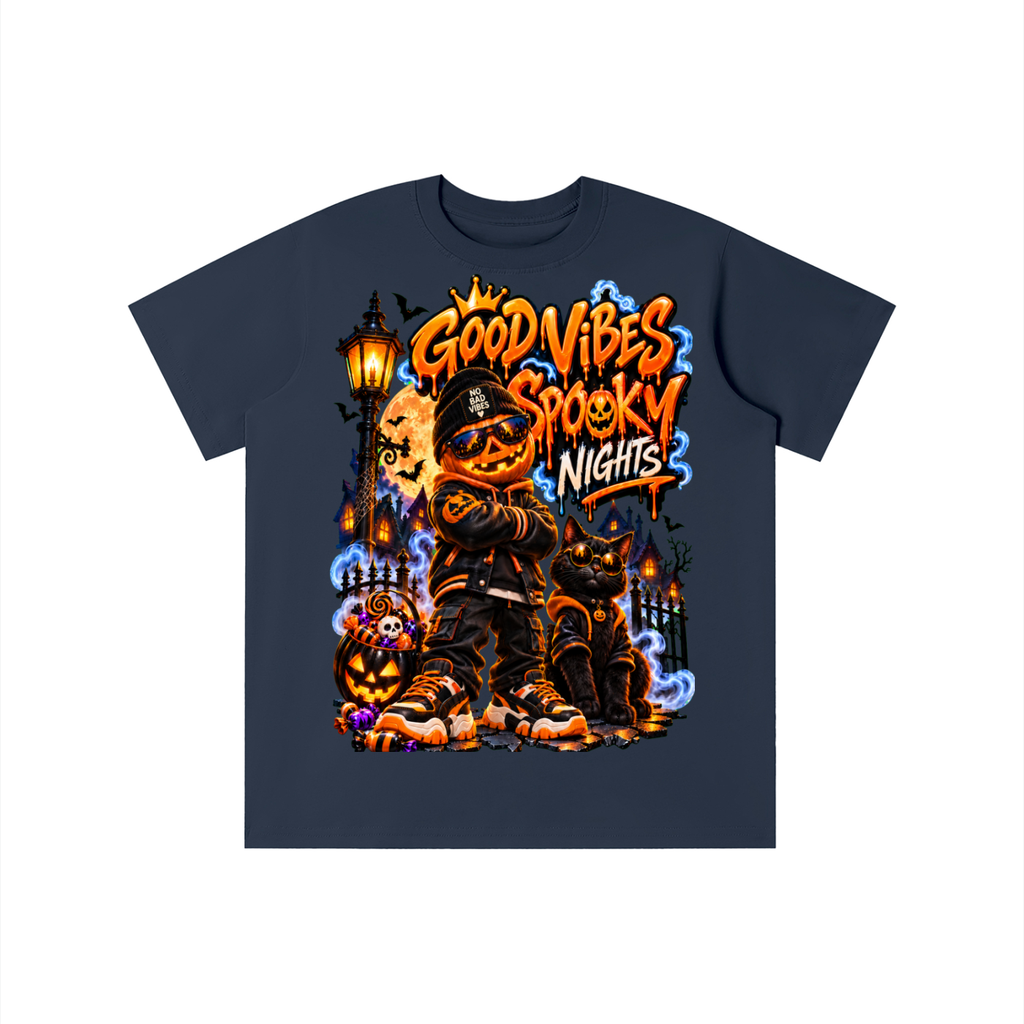 Halloween Pumpkin Kid Graphic T-Shirt - Good Vibes Spooky Nights - Youth Unisex Tee