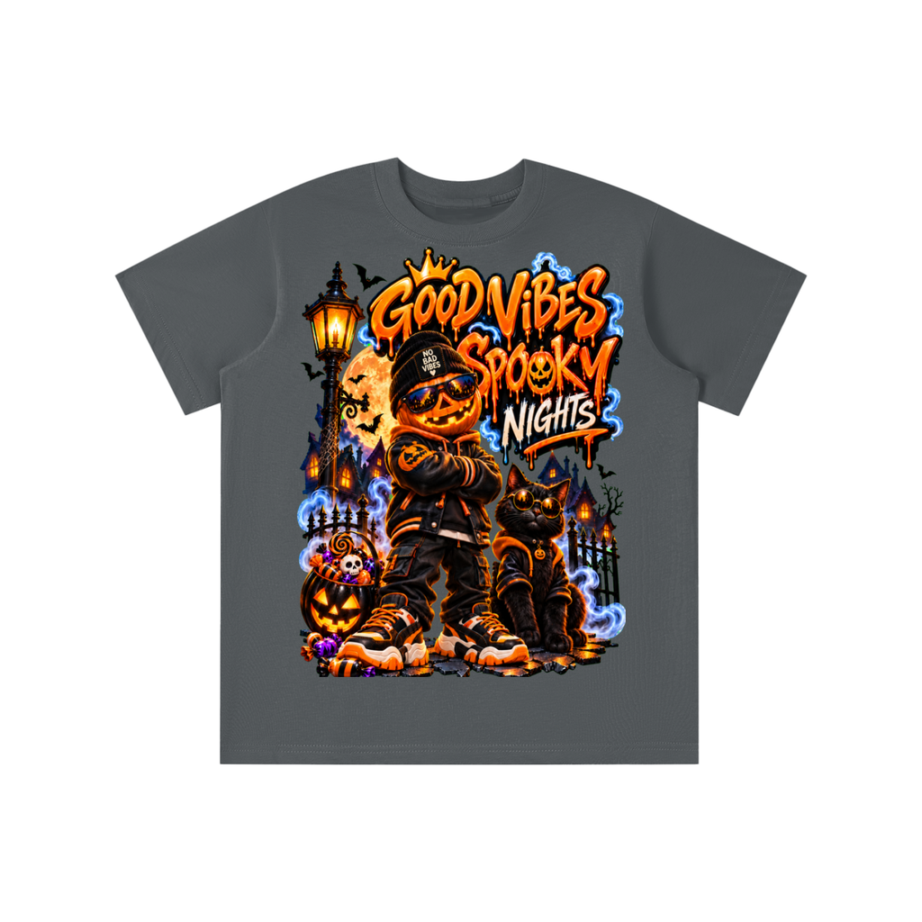Halloween Pumpkin Kid Graphic T-Shirt - Good Vibes Spooky Nights - Youth Unisex Tee
