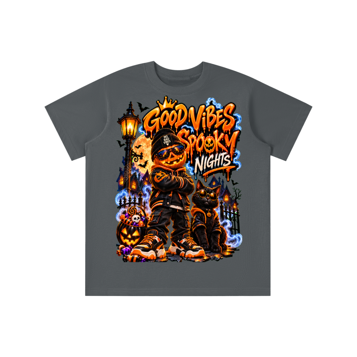 Halloween Pumpkin Kid Graphic T-Shirt - Good Vibes Spooky Nights - Youth Unisex Tee