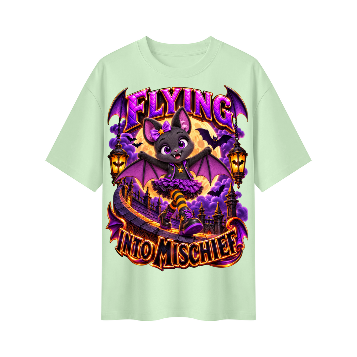 Halloween Bat Girl Oversized Graphic T-Shirt - Flying Into Mischief - Unisex