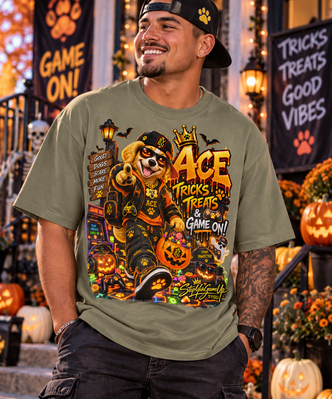 StepYahGameUp Halloween Gamer Oversized Graphic T-Shirt - Tricks, Treats & Game On! - Unisex