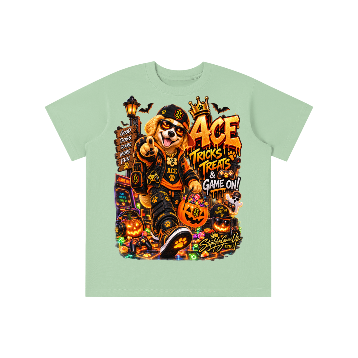 StepYahGameUp Halloween Gamer Dog Graphic T-Shirt - Tricks & Treats, Game On! - Youth Unisex Tee