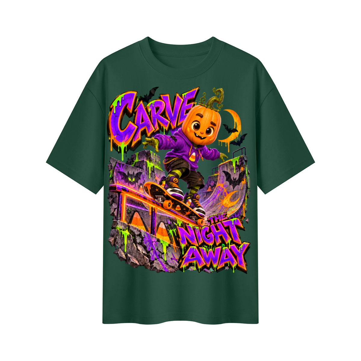 Halloween Pumpkin Skateboard Oversized Graphic T-Shirt - Carve the Night Away - Unisex