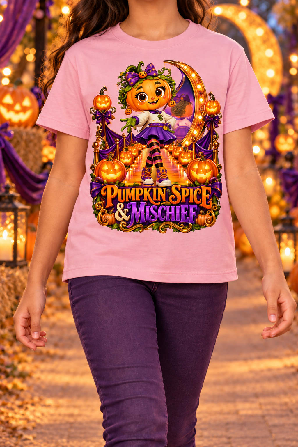 Halloween Pumpkin Girl Graphic T-Shirt - Pumpkin Spice & Mischief - Youth Unisex Tee