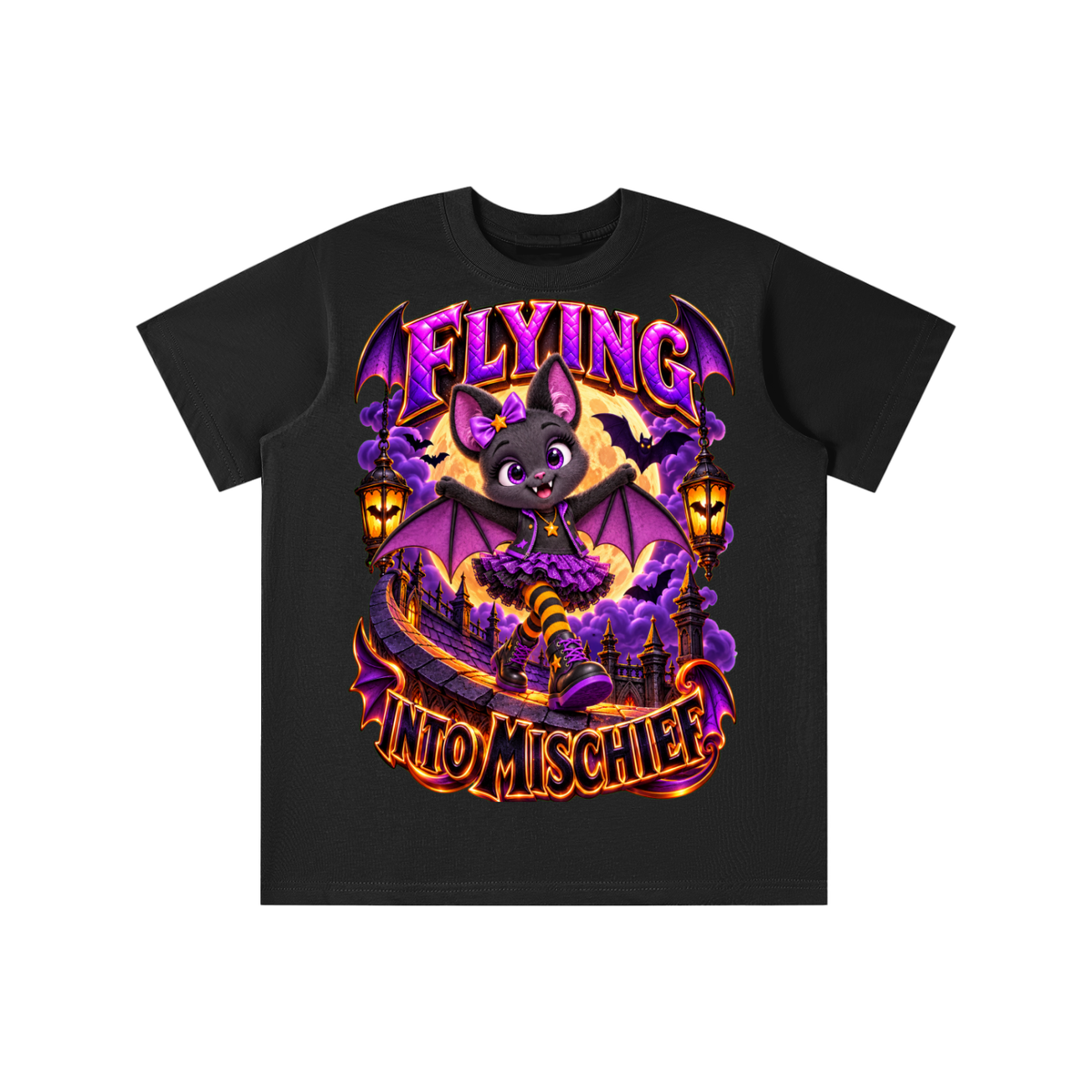 Halloween Cute Bat Graphic T-Shirt - Flying Into Mischief - Youth Unisex Tee