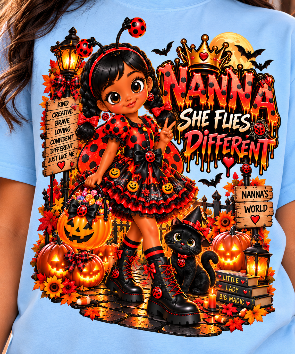 Nanna's World Dream Big Halloween Ladybug Girl Oversized Graphic T-Shirt - She Flies Different - Unisex