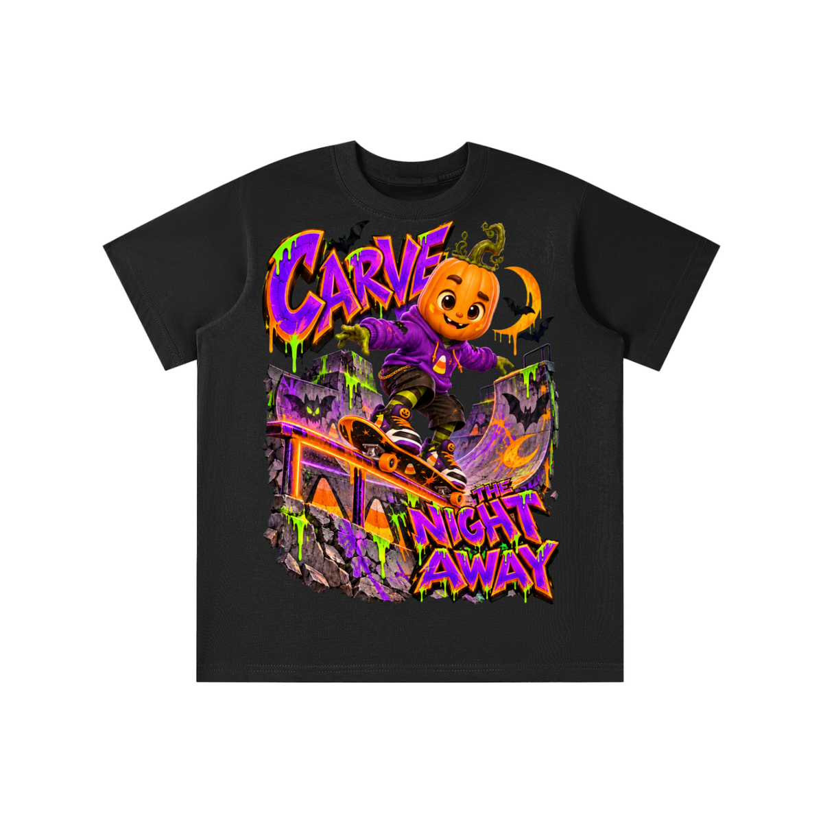 Halloween Pumpkin Skateboarder Graphic T-Shirt - Carve the Night Away - Youth Unisex Tee