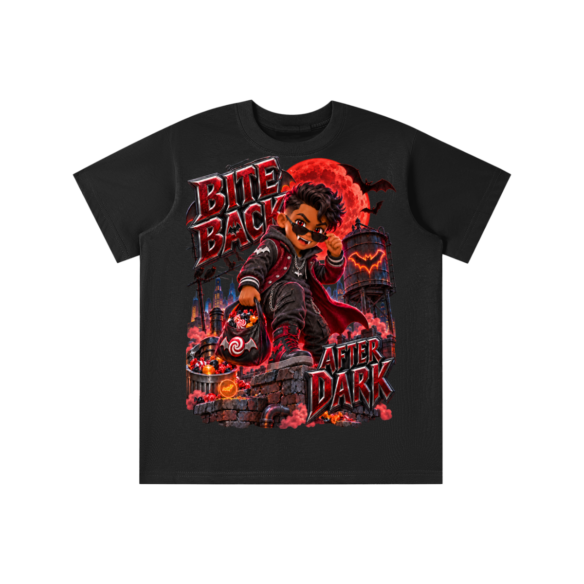 Halloween Vampire Kid Graphic T-Shirt - Bite Back After Dark - Youth Unisex Tee
