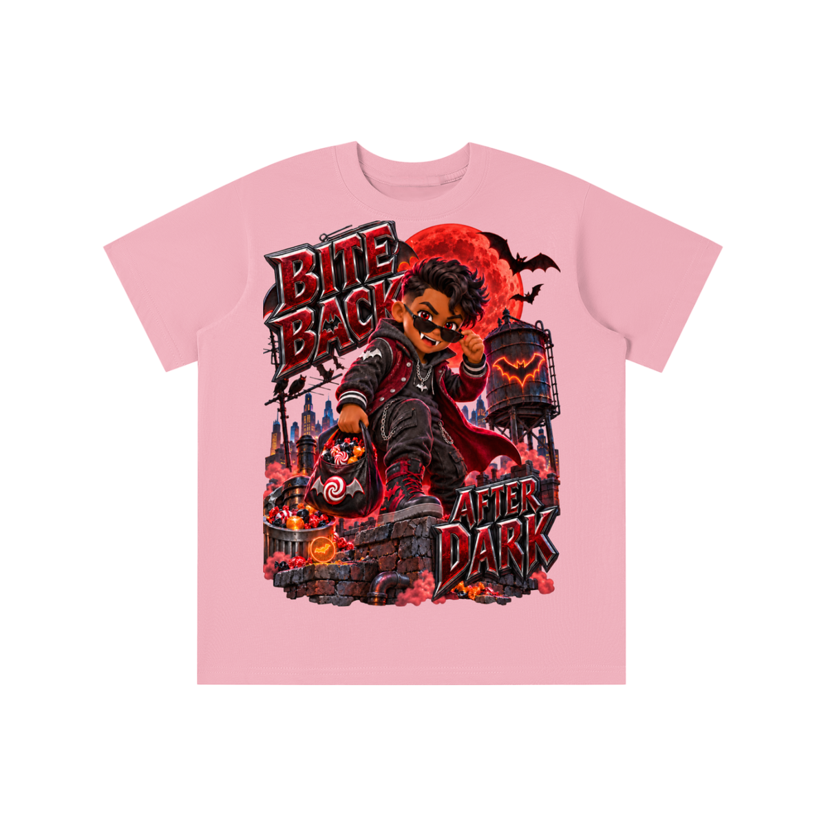Halloween Vampire Kid Graphic T-Shirt - Bite Back After Dark - Youth Unisex Tee