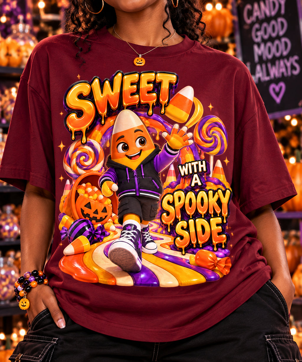 Halloween Candy Corn Oversized Graphic T-Shirt - Sweet With a Spooky Side - Unisex