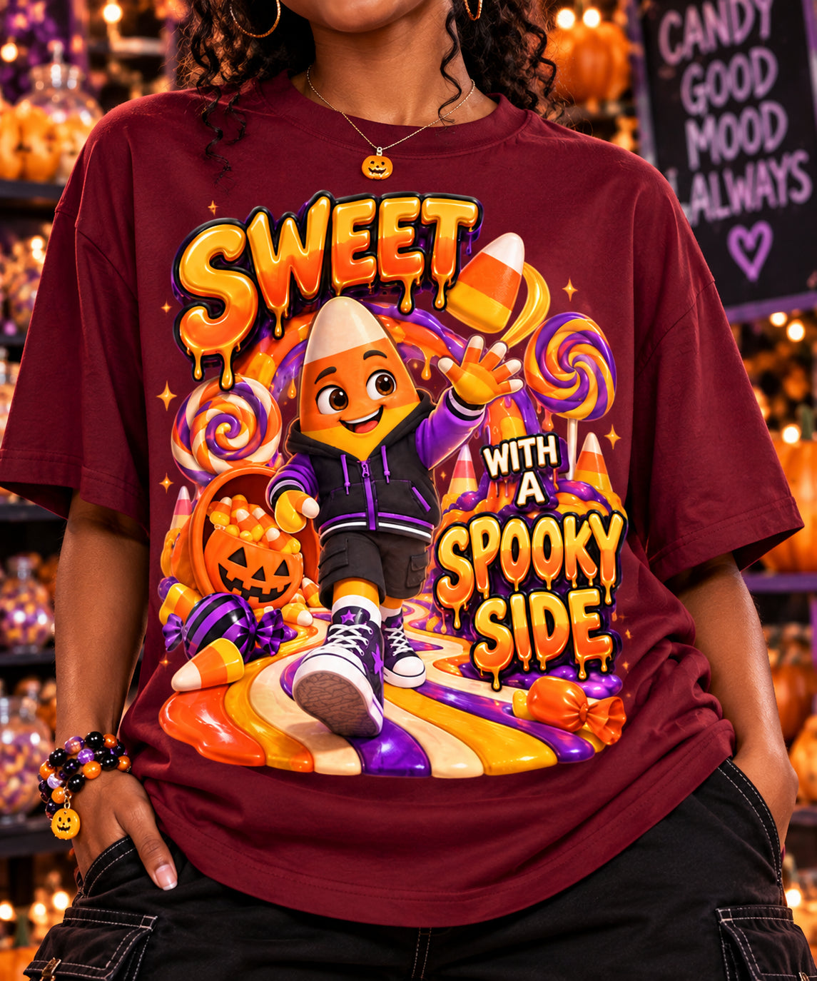 Halloween Candy Corn Oversized Graphic T-Shirt - Sweet With a Spooky Side - Unisex