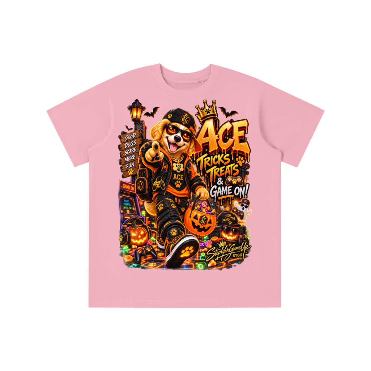 StepYahGameUp Halloween Gamer Dog Graphic T-Shirt - Tricks & Treats, Game On! - Youth Unisex Tee