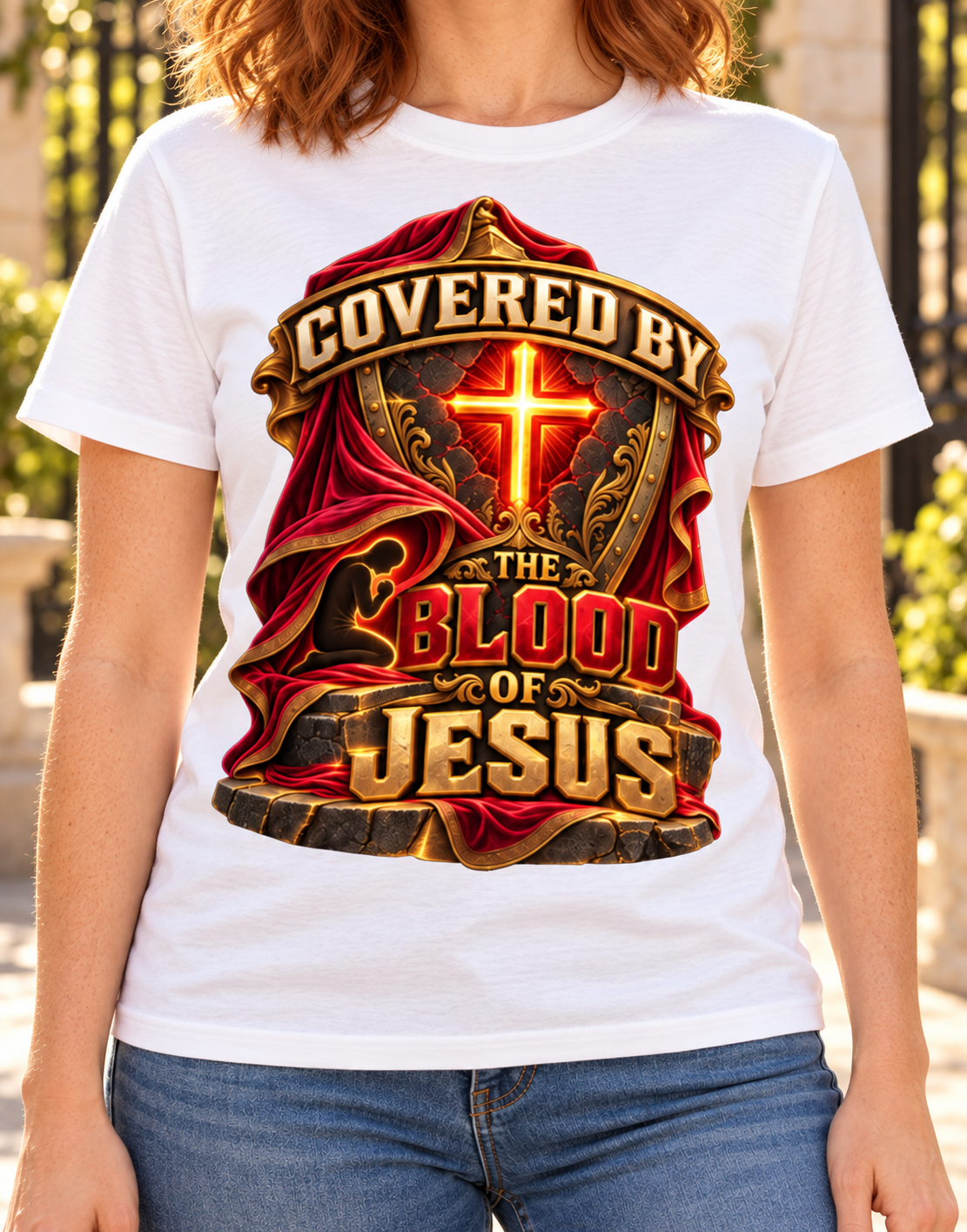 Walk by Faith™ Covered by the Blood of Jesus Oversized Graphic T-Shirt - Unisex