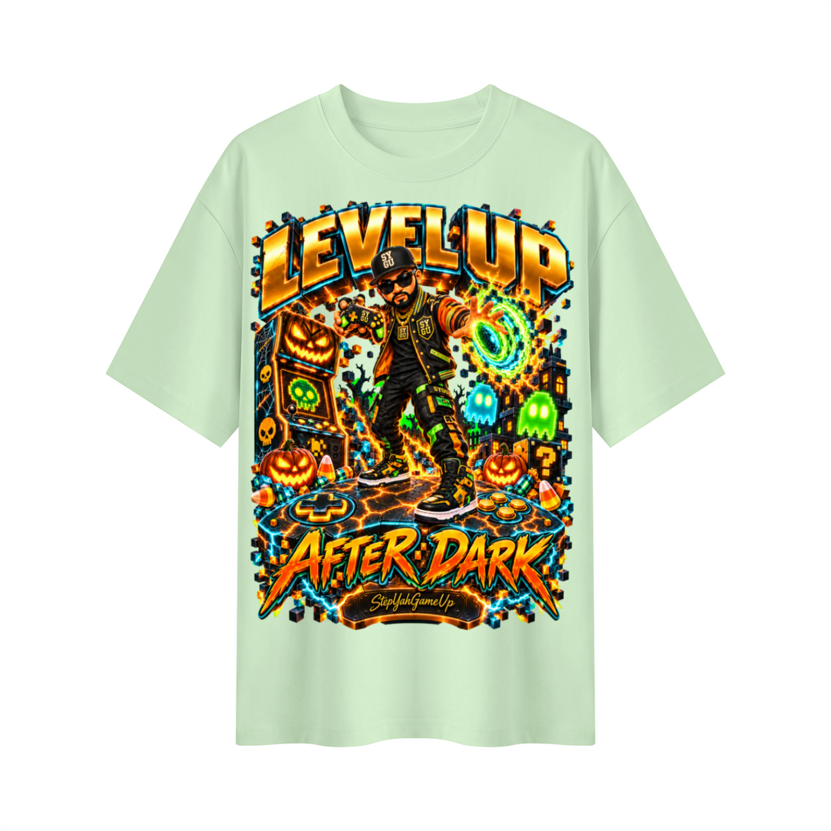 StepYahGameUp Halloween Arcade Gamer Oversized Graphic T-Shirt - Level Up After Dark - Unisex