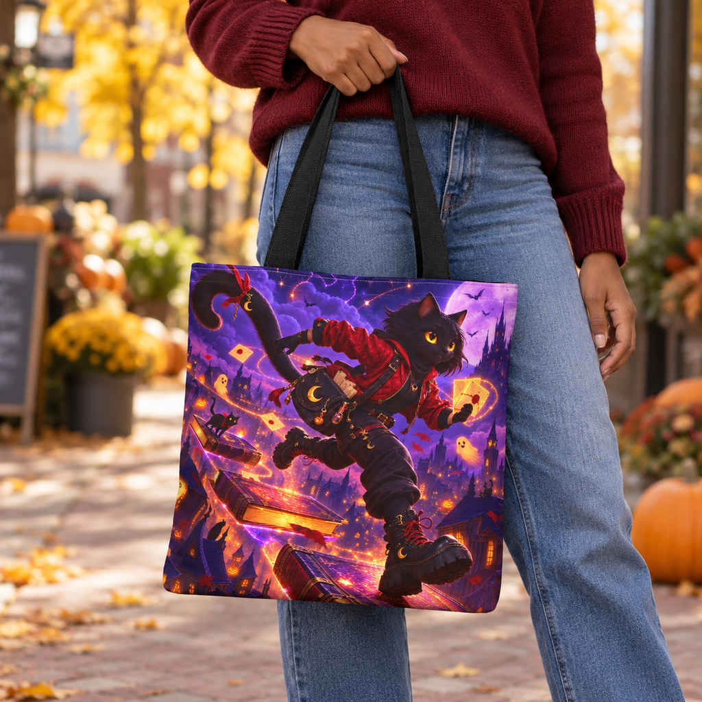 Halloween Trick or Treat Tote Bag - Black Cat Spell Runner - Kids Candy Bag