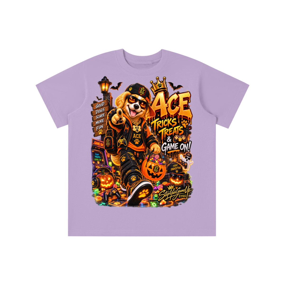 StepYahGameUp Halloween Gamer Dog Graphic T-Shirt - Tricks & Treats, Game On! - Youth Unisex Tee
