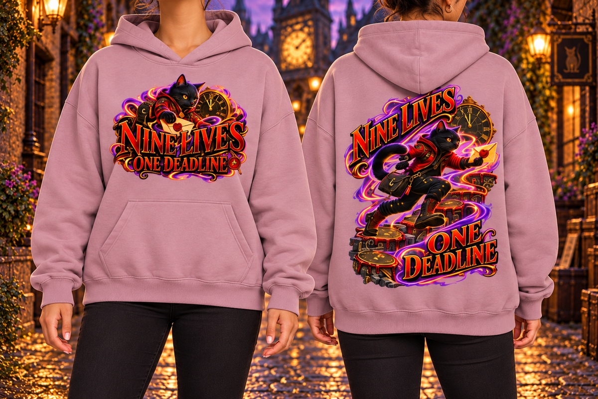 Halloween Black Cat Front & Back Graphic Hoodie - Nine Lives One Deadline - Unisex
