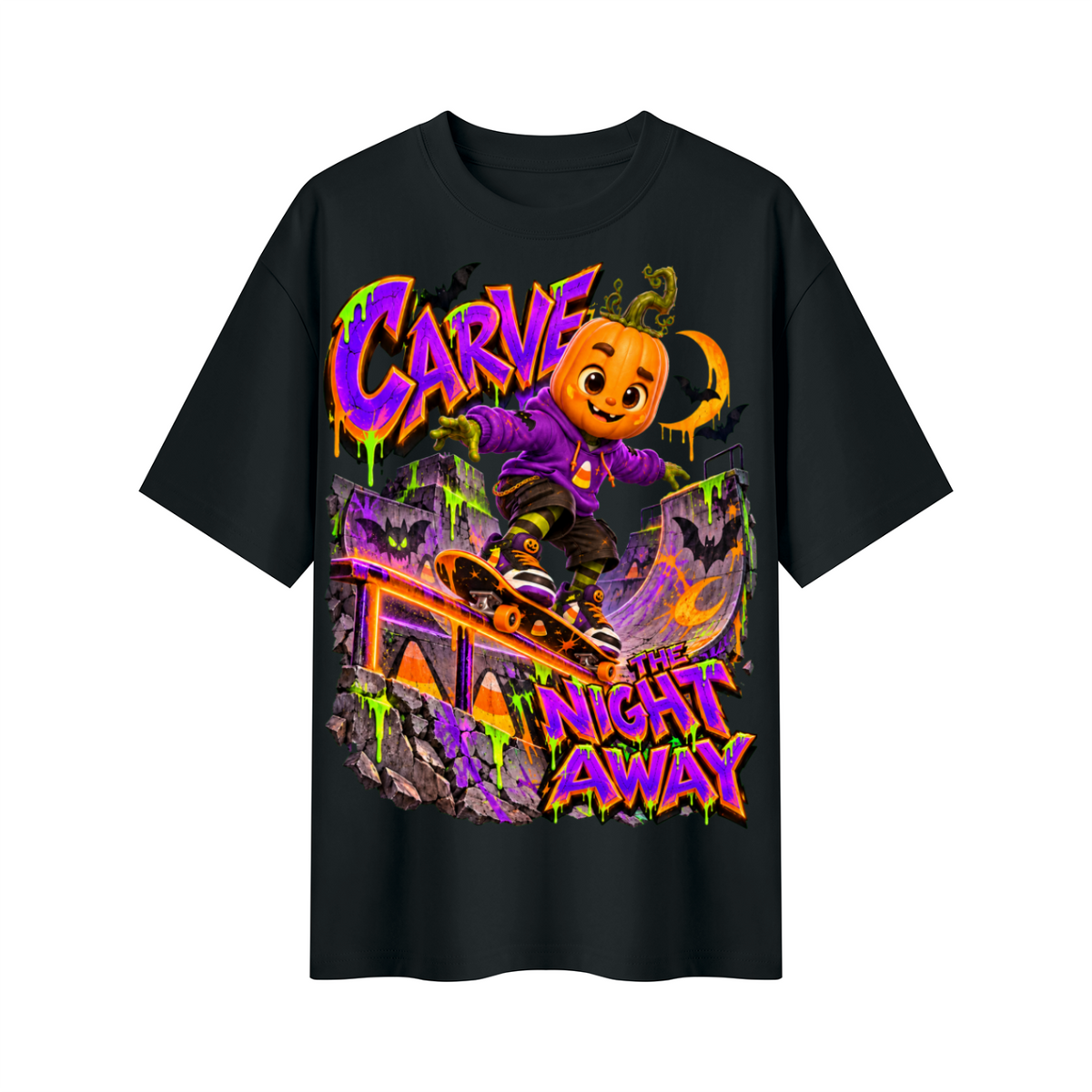 Halloween Pumpkin Skateboard Oversized Graphic T-Shirt - Carve the Night Away - Unisex