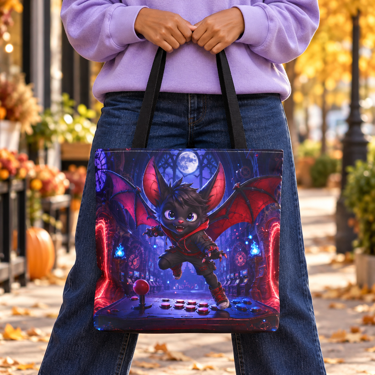 Halloween Trick or Treat Tote Bag - Midnight Bat Arcade - Kids Candy Bag