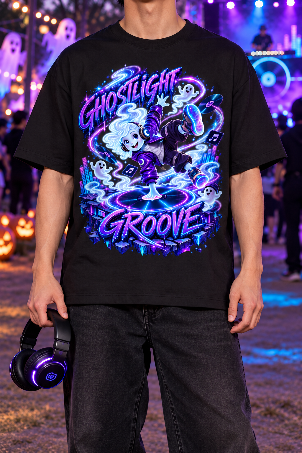 Halloween Ghostlight Groove Ghost DJ Oversized Graphic T-Shirt - Unisex