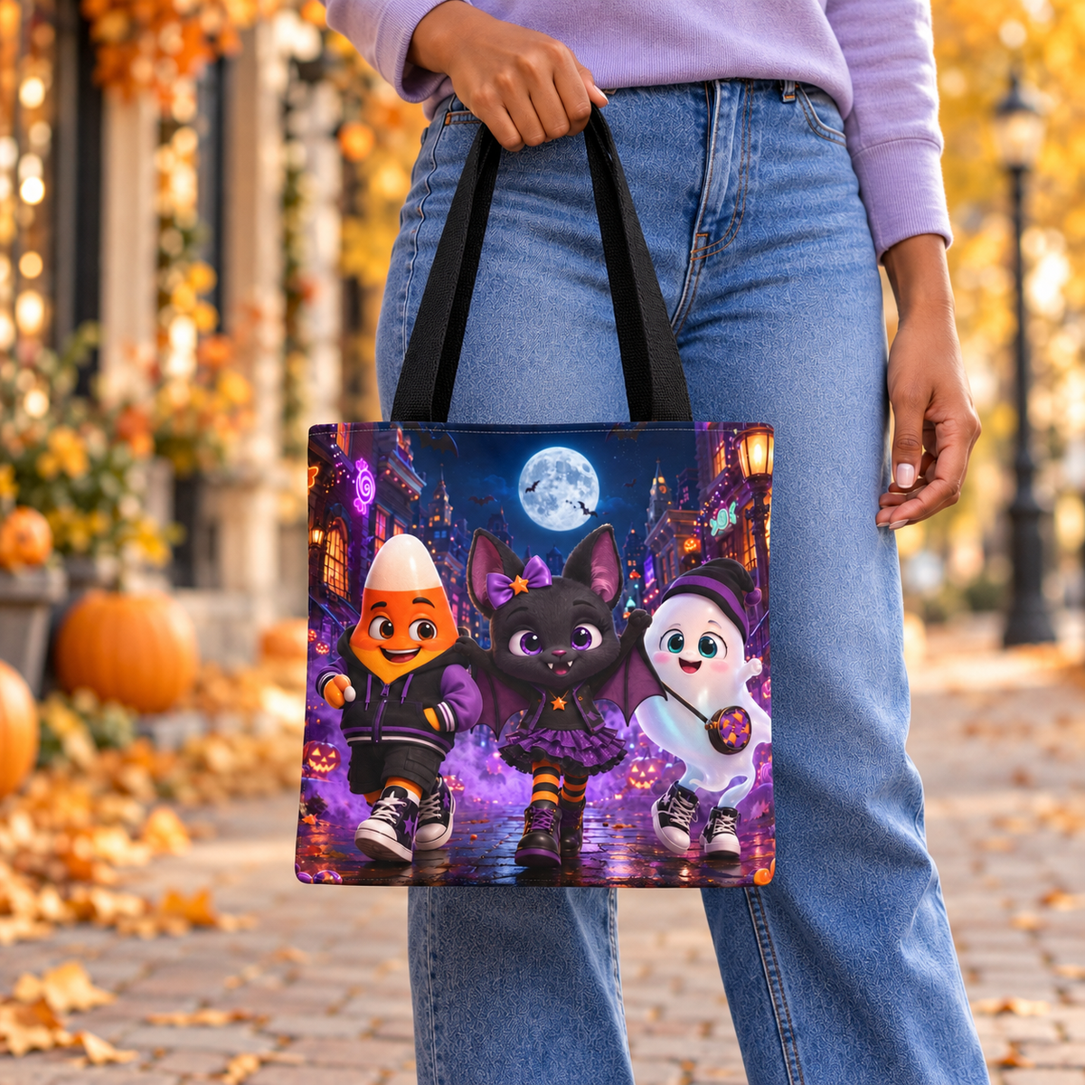 Digital Joy Drops Halloween Trick or Treat Tote Bag - Candy Corn Bat & Ghost Trick-or-Treat Trio