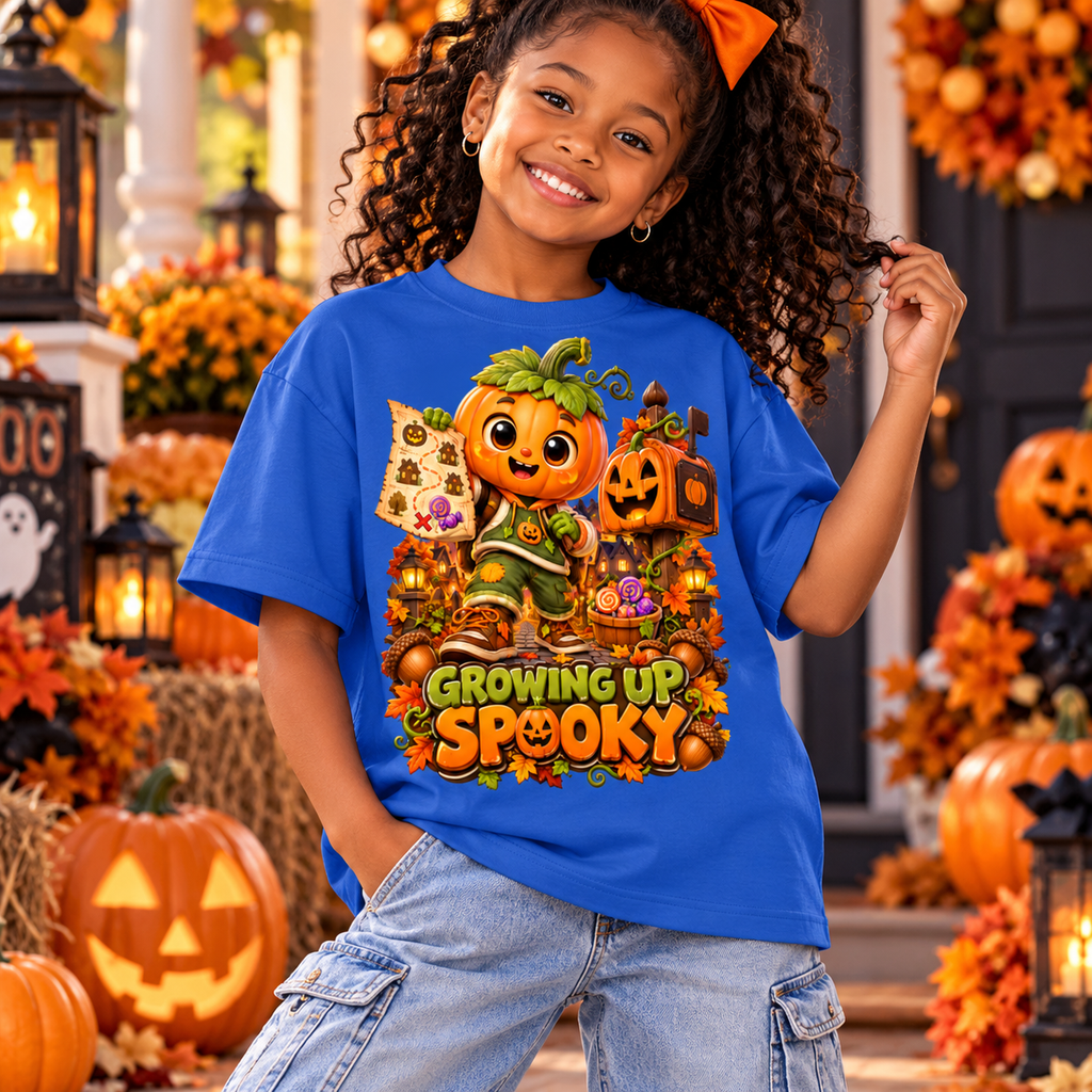 Halloween Pumpkin Kid Graphic T-Shirt - Growing Up Spooky - Youth Unisex Tee