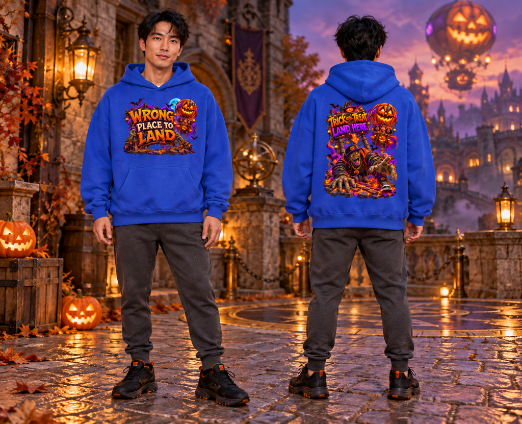 Halloween Wrong Place to Land Front & Back Graphic Hoodie - Trick or Treat Land Here - Unisex
