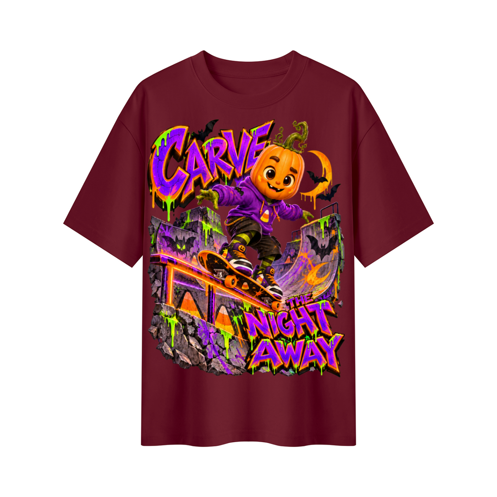 Halloween Pumpkin Skateboard Oversized Graphic T-Shirt - Carve the Night Away - Unisex