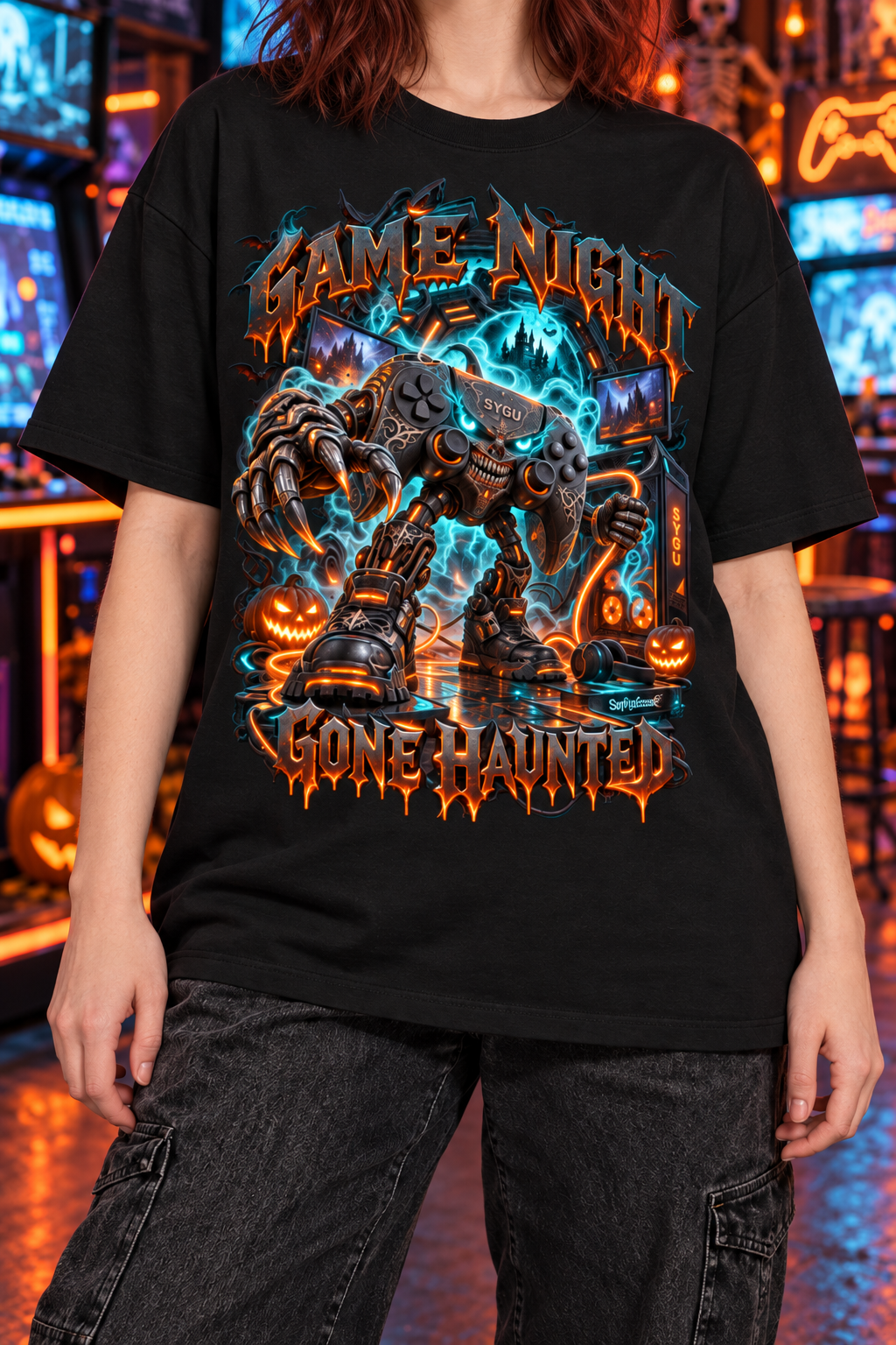 StepYahGameUp™ Halloween Game Night Gone Haunted Oversized Graphic T-Shirt - Unisex