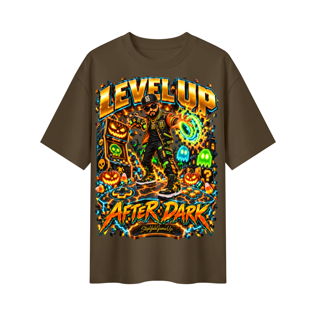 StepYahGameUp Halloween Arcade Gamer Oversized Graphic T-Shirt - Level Up After Dark - Unisex