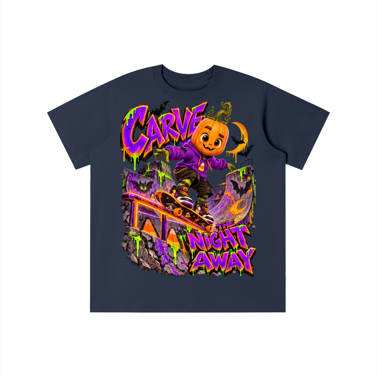 Halloween Pumpkin Skateboarder Graphic T-Shirt - Carve the Night Away - Youth Unisex Tee
