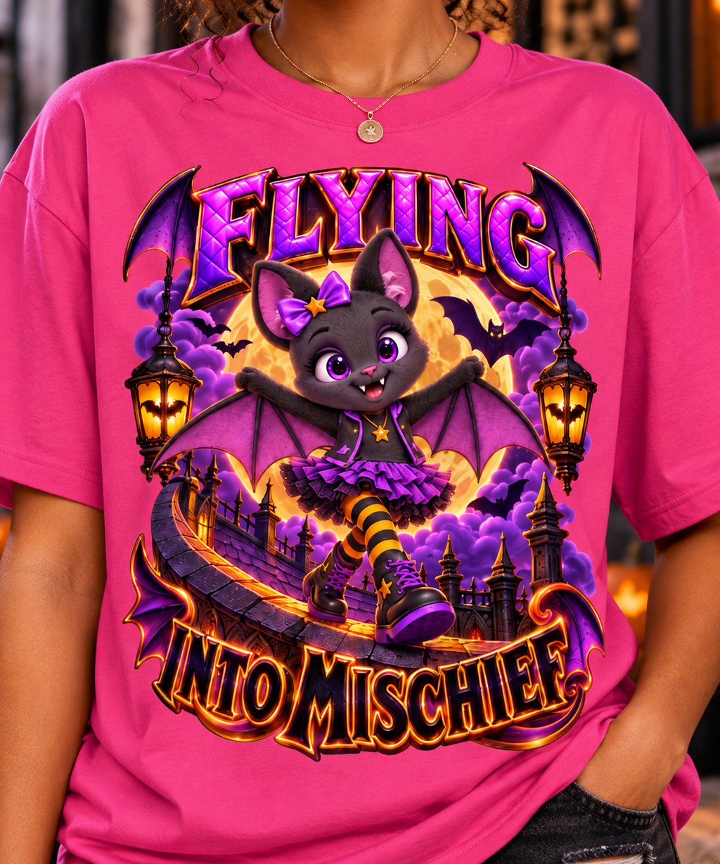 Halloween Bat Girl Oversized Graphic T-Shirt - Flying Into Mischief - Unisex