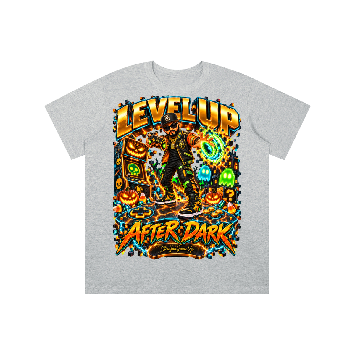 StepYahGameUp Halloween Arcade Gamer Graphic T-Shirt - Level Up After Dark - Youth Unisex Tee