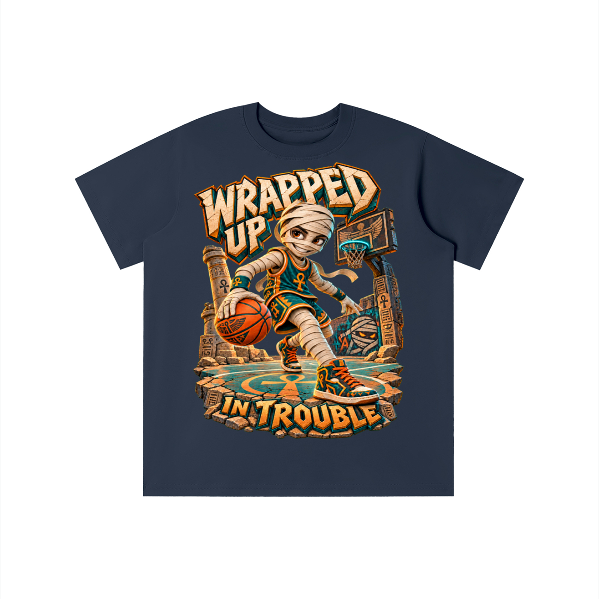 Halloween Mummy Basketball Graphic T-Shirt - Wrapped Up in Trouble - Youth Unisex Tee