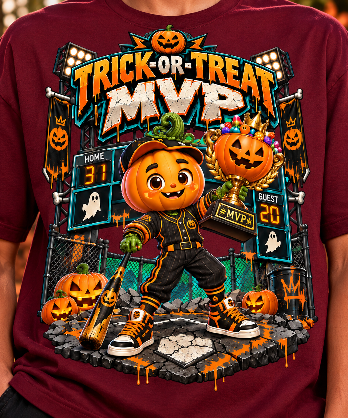 Halloween Pumpkin Baseball Oversized Graphic T-Shirt - Trick-or-Treat MVP - Unisex