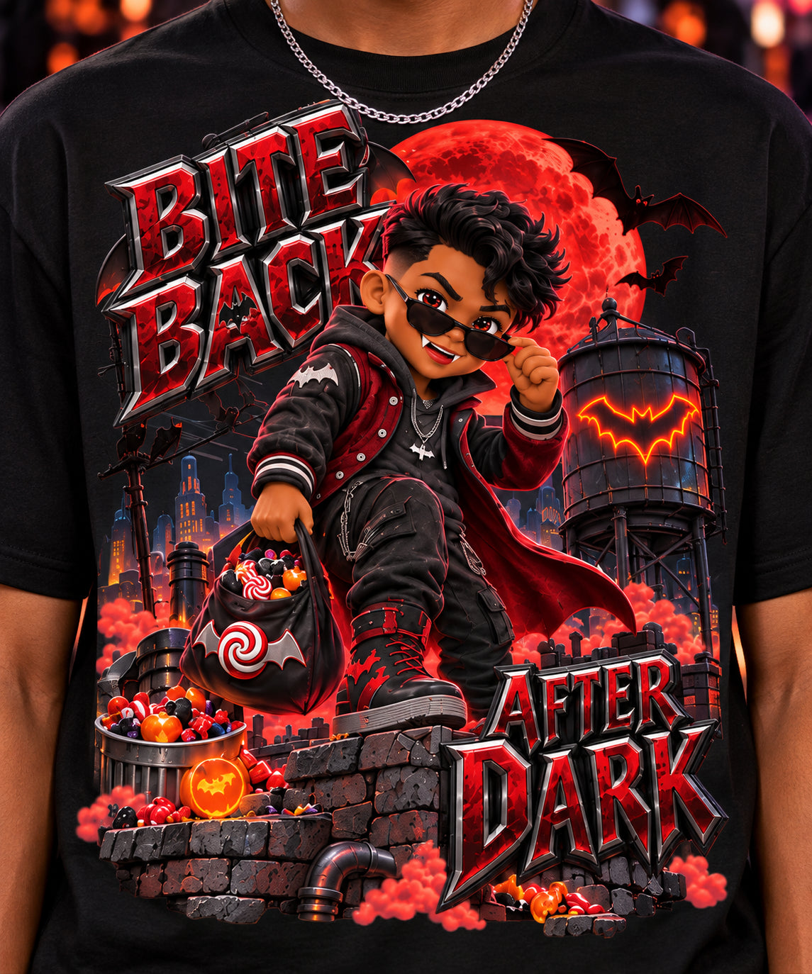 Halloween Kid Vampire Oversized Graphic T-Shirt - Bite Back After Dark - Unisex